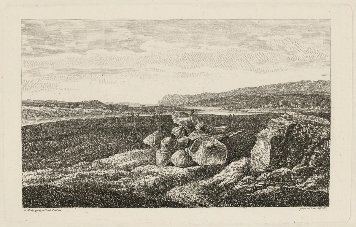 A Harvest Scene with Straw Hats Lying in a Field by Heinrich Carl Reinhold; Friedrich Philipp Reinhold, print, 1810-1820
