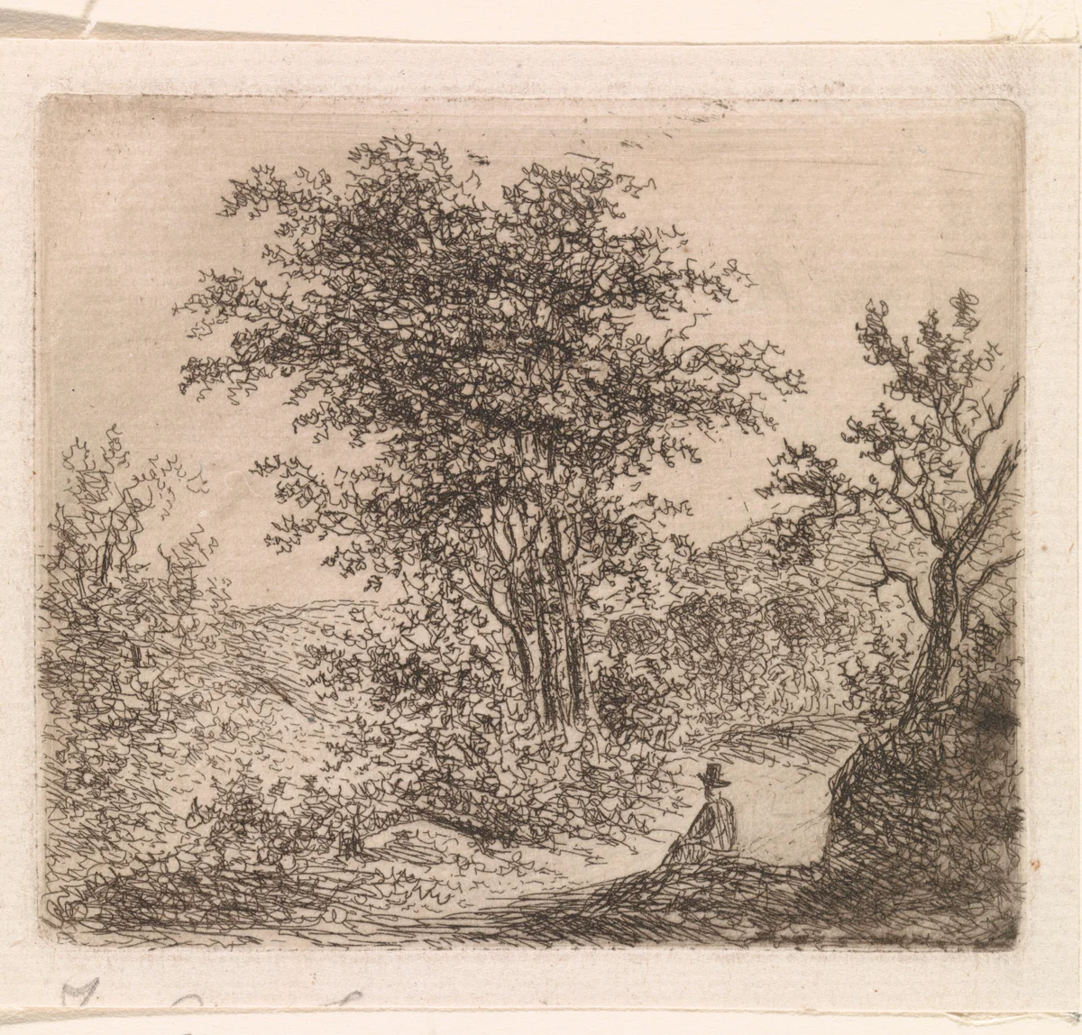 Boslandschap met zittende figuur by Johannes Christiaan Janson, print, 1778-1823