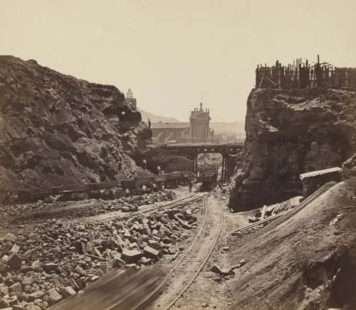 Construction of Rue Impériale in Marseille. View of the Construction Site from the Middle of Rue Montbrion by Adolphe Terris, photograph, 1863