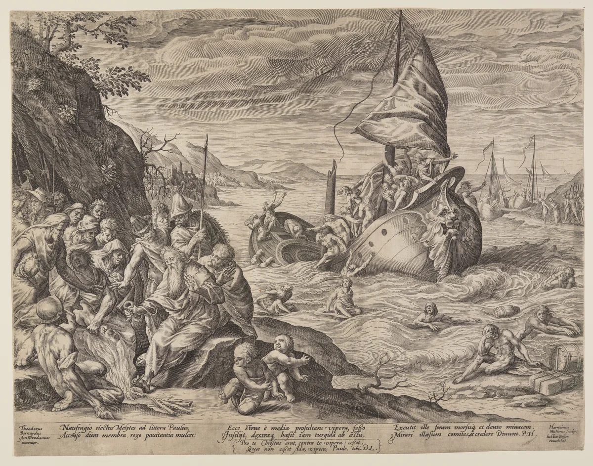 The Shipwreck of St. Paul near Miletus by Herman Jansz. Muller, print, 1588