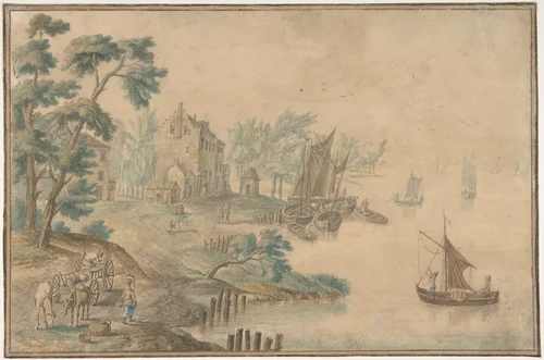 Landscape with Horses and Carts and a River at Right by anonymous, drawing, 1700-1800