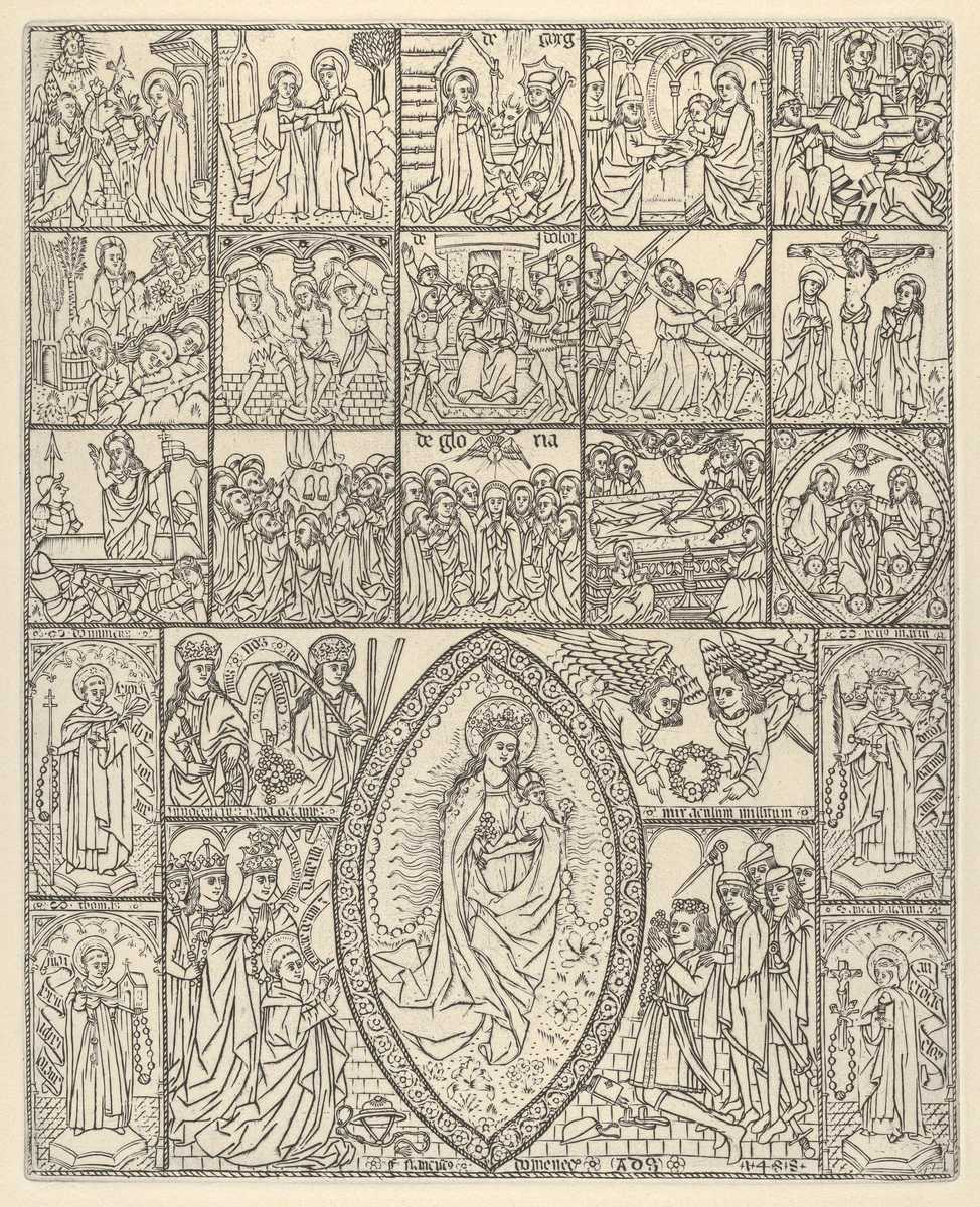 The Fifteen Mysteries and the Virgin of the Rosary (Modern Impression) by Francisco Doménech, print, 1488