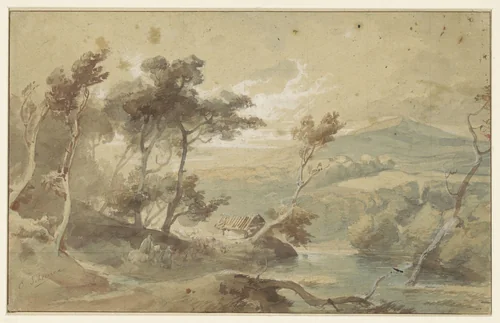 Berglandschap met rivier by Caspar Johann Nepomuk Scheuren, drawing, 1820-1887