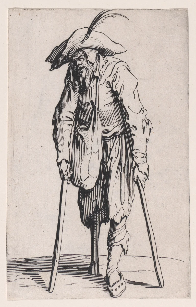 Le Mendiant a la Jambe de Bois (The Beggar with a Wooden Leg), from "Les Gueux suite appelée aussi Les Mendiants, Les Baroni, ou Les Barons" (The Beggars, also called the Barons) by Jacques Callot, print, 1618-1628
