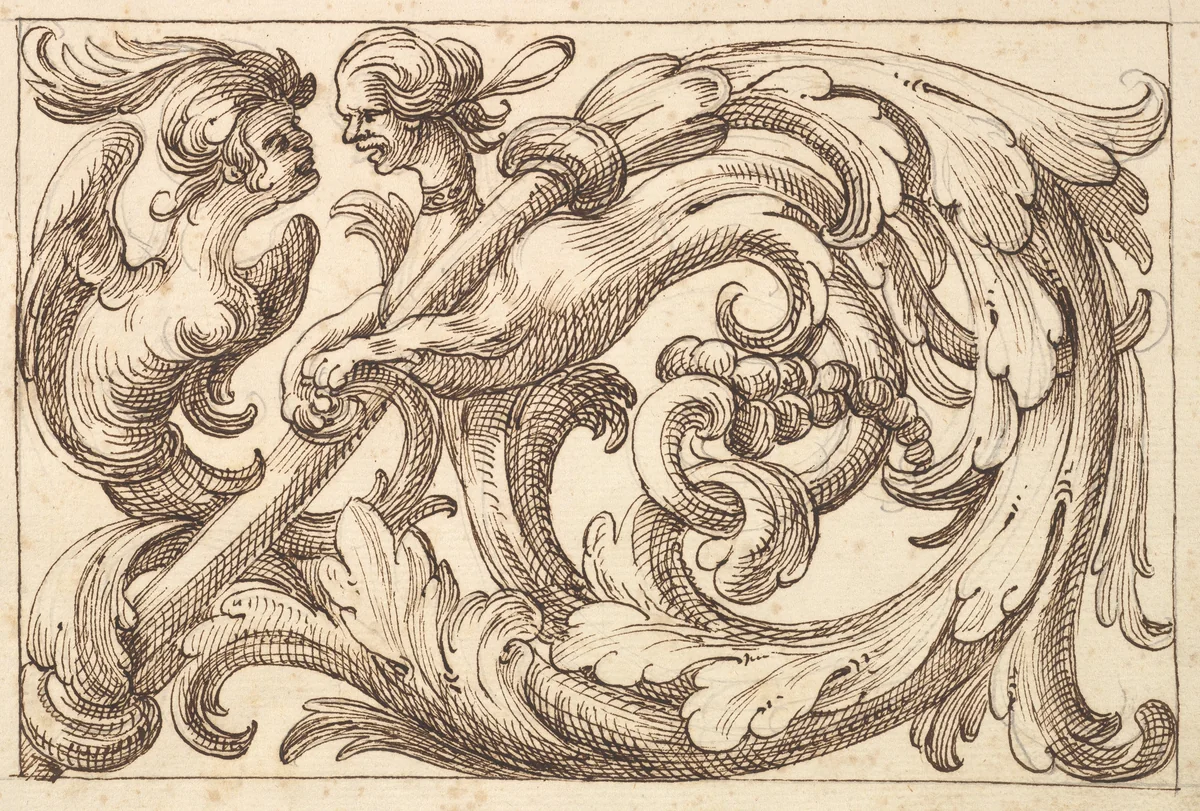 Horizontal Panel Design with Two Hybrid Creatures Interspersed between Acanthus Rinceaux by anonymous, drawing, 1600-1650