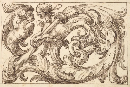 Horizontal Panel Design with Two Hybrid Creatures Interspersed between Acanthus Rinceaux by anonymous, drawing, 1600-1650