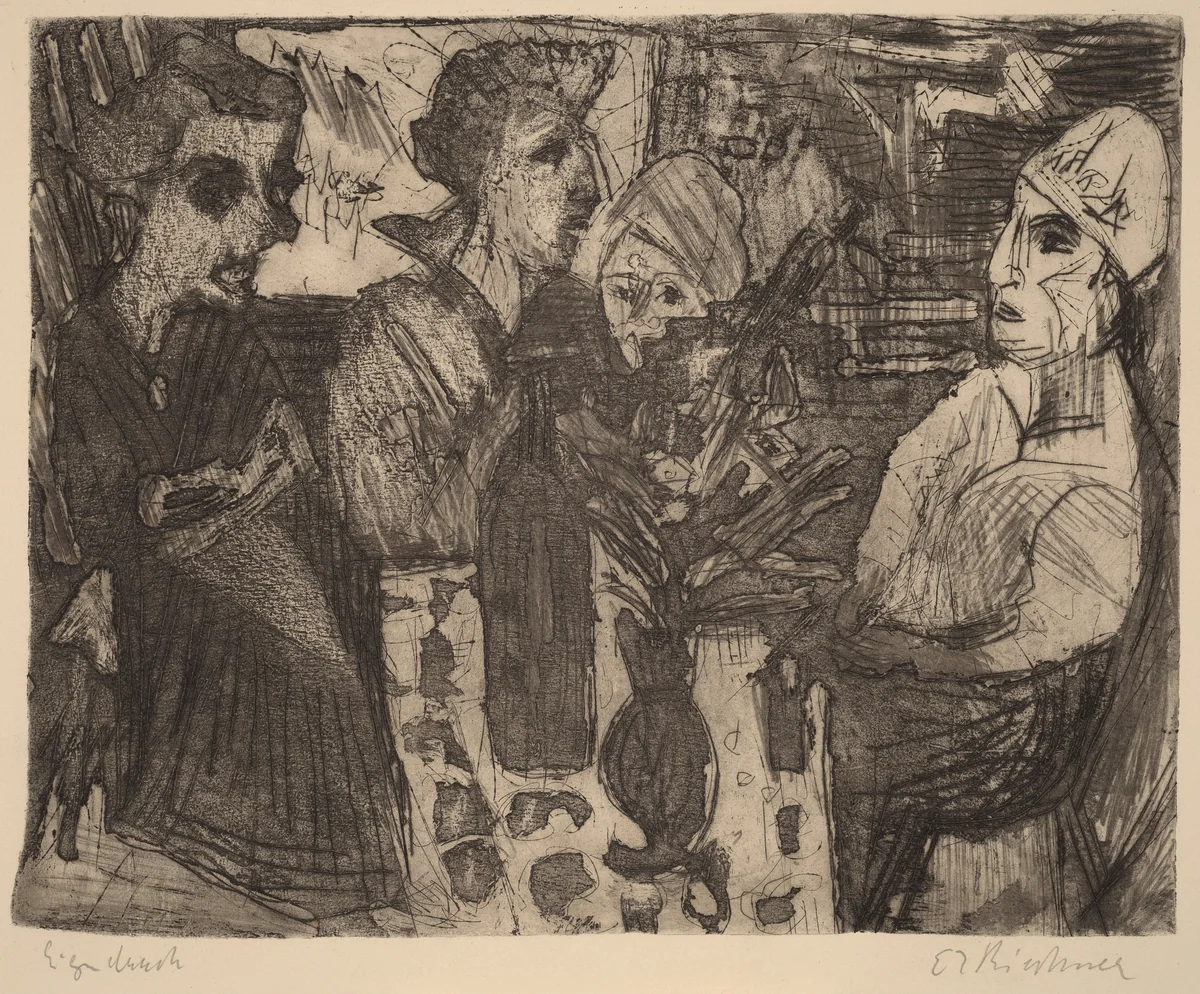 Women at a Table in a Room by Ernst Ludwig Kirchner, print, 1920