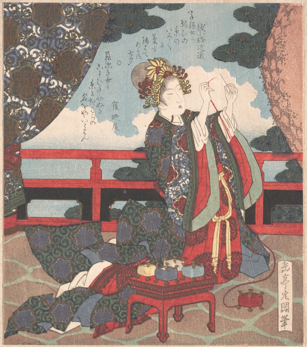 Lady Threading Needle on Verandah by Yashima Gakutei (八島岳亭), print, 1800-1899