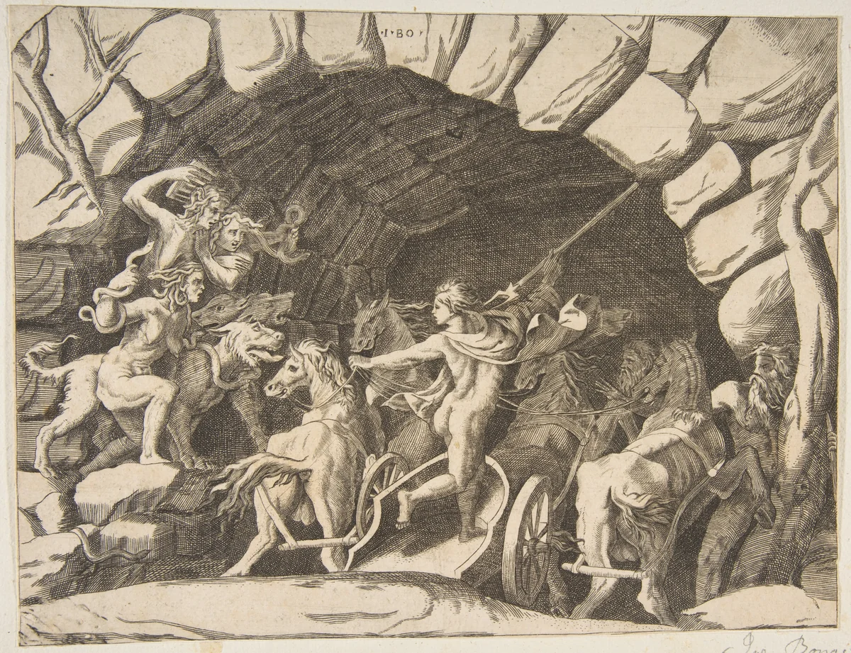 Pluto riding a chariot descending into Hell, from "Division of the Universe" by Giulio Bonasone, print, 1531-1576