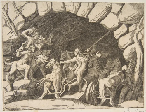 Pluto riding a chariot descending into Hell, from "Division of the Universe" by Giulio Bonasone, print, 1531-1576