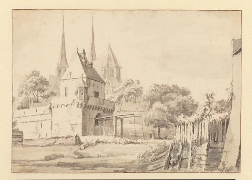 View of the Bergpoort and Bergkerk in Deventer by Jan van Kessel, drawing, 1665