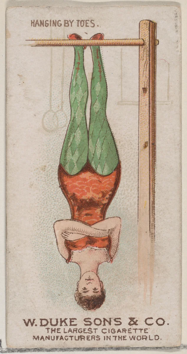 Hanging by Toes, from the Gymnastic Exercises series (N77) for Duke brand cigarettes by W. Duke, Sons & Co., print, 1887