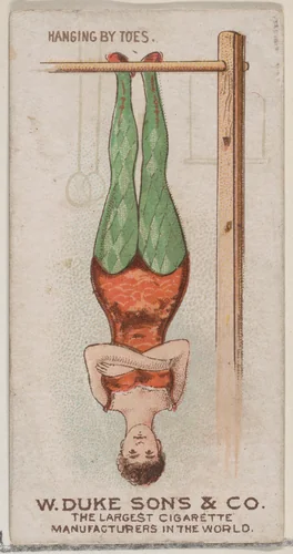 Hanging by Toes, from the Gymnastic Exercises series (N77) for Duke brand cigarettes by W. Duke, Sons & Co., print, 1887