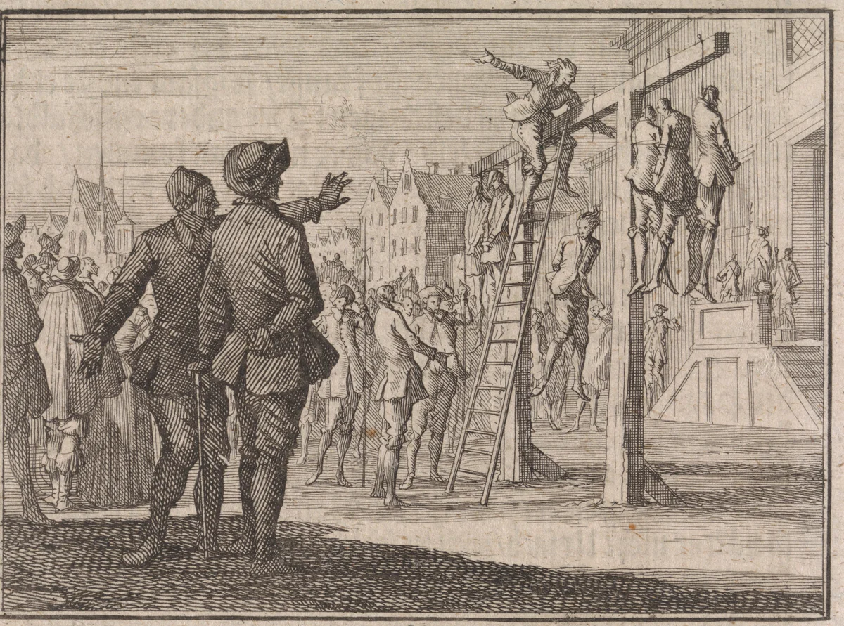 Gehangene van de dood gered door het breken van de strop te Harlingen by Caspar Luyken, print, 1710