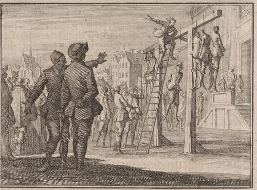 Gehangene van de dood gered door het breken van de strop te Harlingen by Caspar Luyken, print, 1710