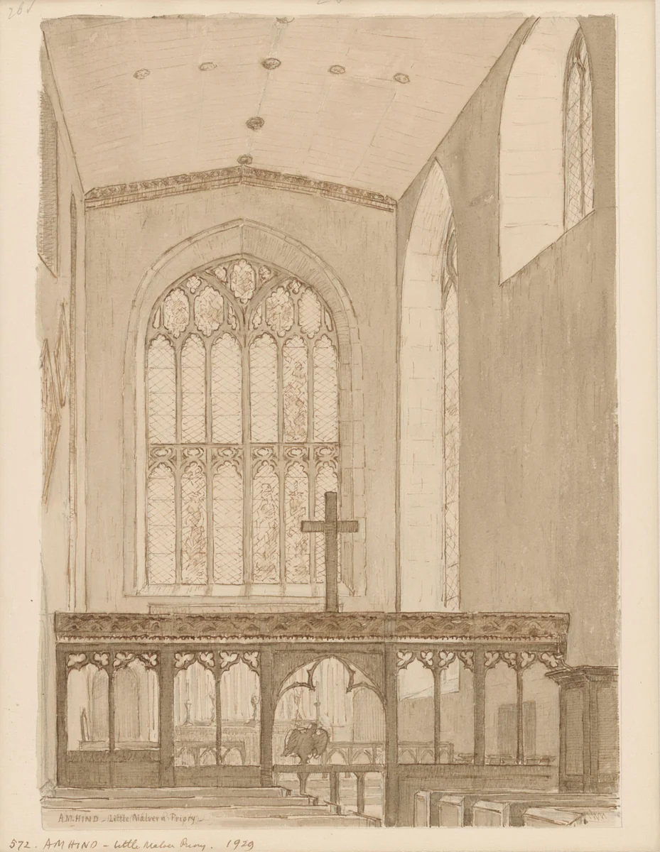 Interieur van de kapel van Malvern Abbey, naar het koor te zien by A.M. Hind, drawing, 1929