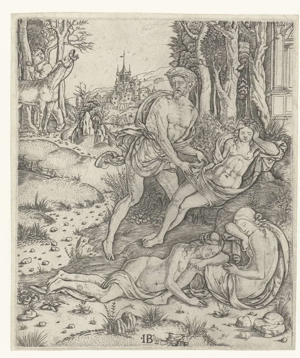 Priapus vergrijpt zich aan nimf Lotis by Unknown, print, 1500-1515
