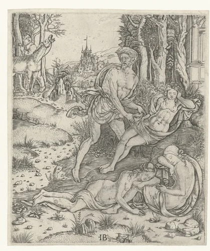Priapus vergrijpt zich aan nimf Lotis by Unknown, print, 1500-1515