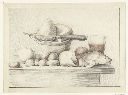 Stilleven met brood, kaas, vis, fruit en een glas wijn by Jean Bernard, drawing, 1775-1833