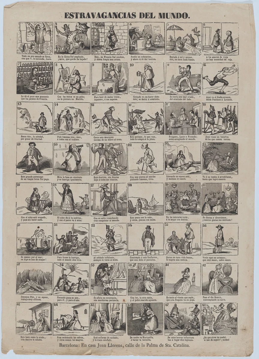 Broadside with 48 scenes showing extravagances of the world by Juan Llorens, print, 1855-1865