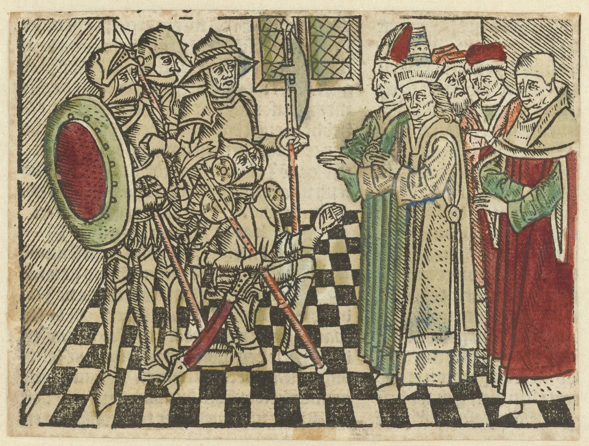 Soldaten berichten de hoge priesters dat Christus is herrezen by Unknown, print, 1485-1491