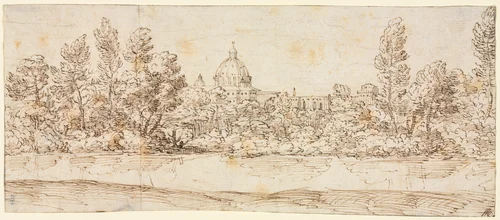 River Landscape with View of St. Peter's Basilica by Giovanni Francesco Grimaldi, drawing, 1660-1670