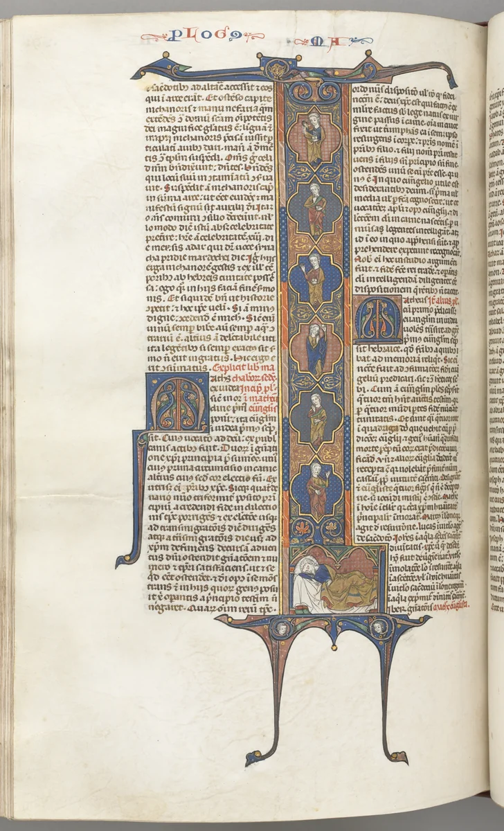 Fol. 391v, Matthew, full-length historiated initial L, the Tree of Jesse, with a sleeping Jesse at the base and six of the ancestors of Christ in irregular compartments by Unknown, book, 1270-1300