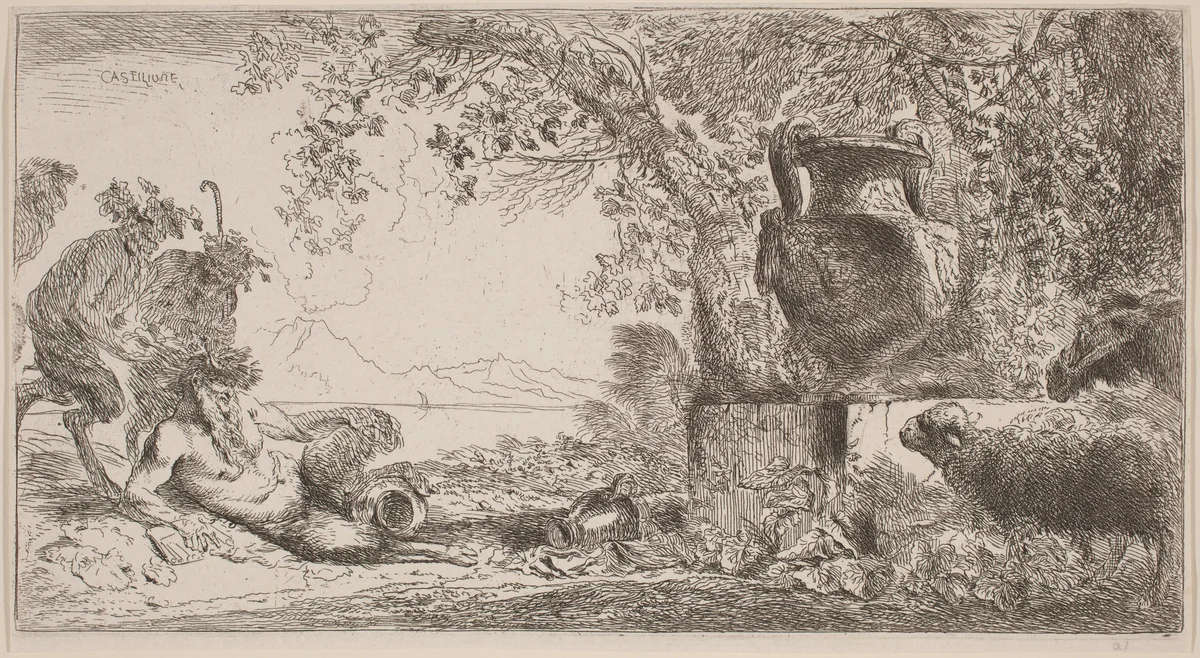 Pan Reclining before a Large Vase by Giovanni Benedetto Castiglione, print, 1640-1645