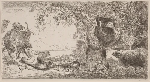 Pan Reclining before a Large Vase by Giovanni Benedetto Castiglione, print, 1640-1645