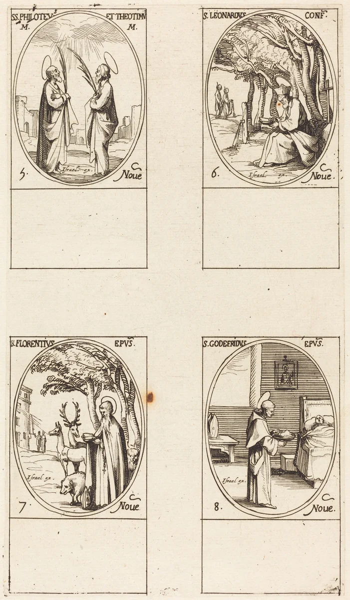 Sts. Philoteus and Theotimus; St. Leonard; St. Florentinus; St. Godfrey by Jacques Callot, print, 1627-1637