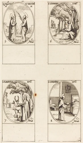 Sts. Philoteus and Theotimus; St. Leonard; St. Florentinus; St. Godfrey by Jacques Callot, print, 1627-1637