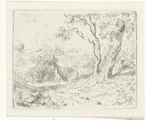 Landschap met twee bomen langs een pad by Adrianus van Everdingen, print, 1842-1912