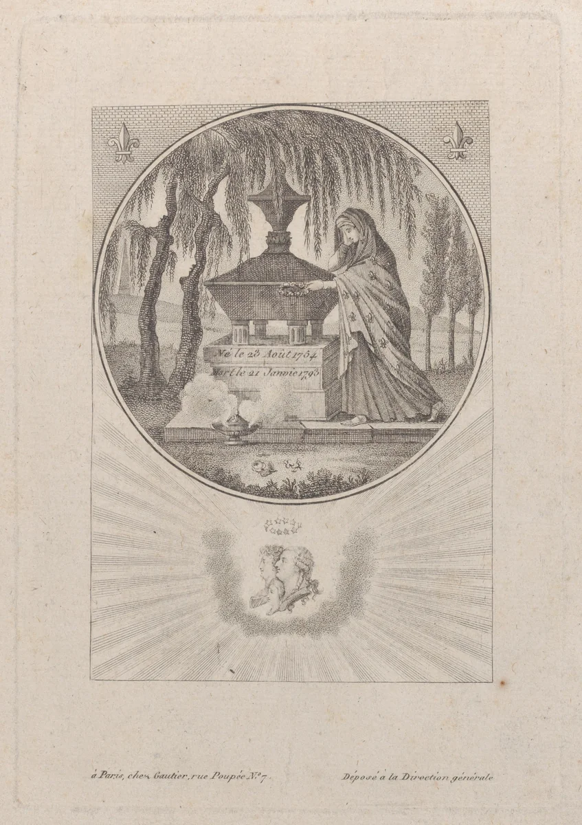 Tomb of Louis XVI and his family, with hidden silhouettes by anonymous, print, 1793-1800