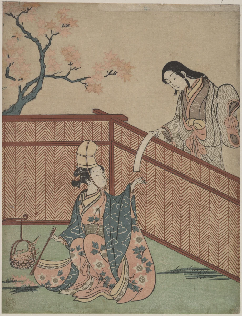 Warming the Sake by Maple Leaf Fire by Suzuki Harunobu (鈴木春信), print, 1725-1770