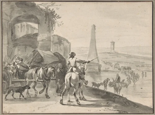 Travellers and wagons fording a river in a Southern landscape by Hendrick Verschuring, drawing, 1641-1651