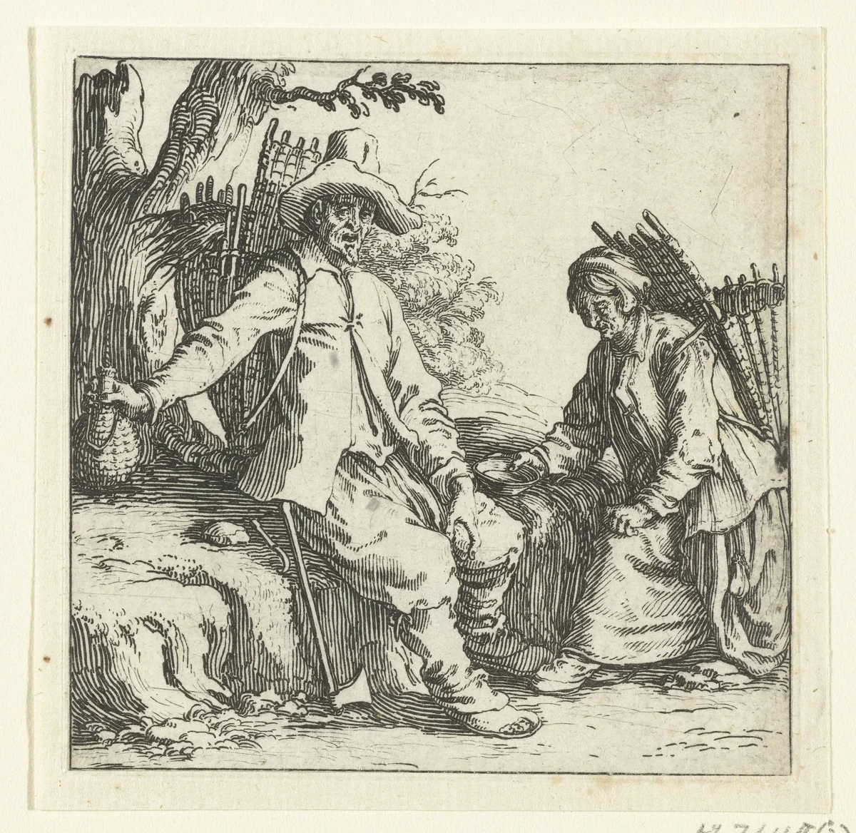 Boer en boerin met manden op de rug by Jacques Callot, print, 1621-1624