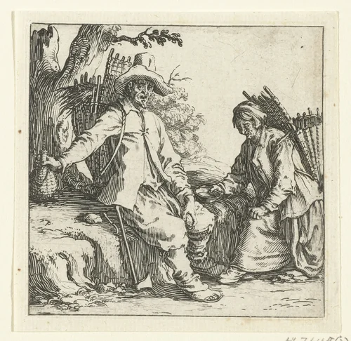 Boer en boerin met manden op de rug by Jacques Callot, print, 1621-1624