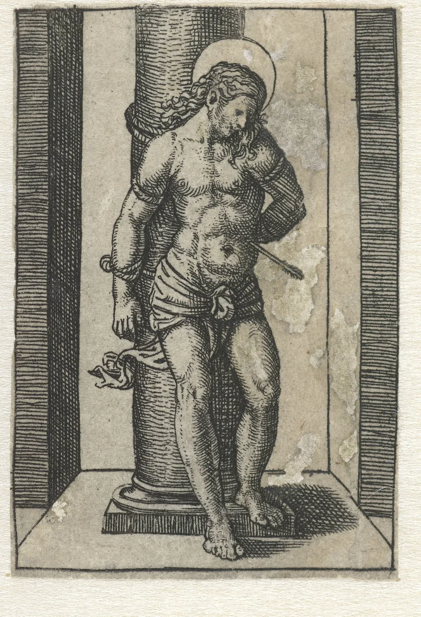 Heilige Sebastiaan vastgebonden aan zuil met pijl in lichaam by Marcantonio Raimondi, print, 1500-1527