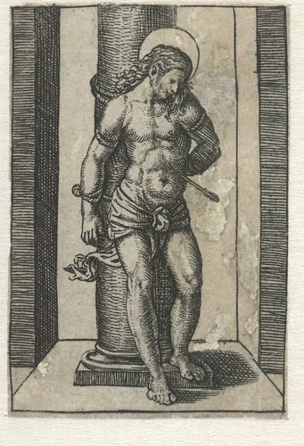 Heilige Sebastiaan vastgebonden aan zuil met pijl in lichaam by Marcantonio Raimondi, print, 1500-1527