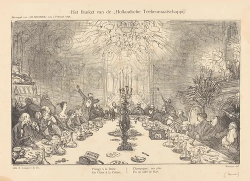 Het banket van de "Hollandsche Tekenmaatschappij" by Marius Bauer, print, 1896