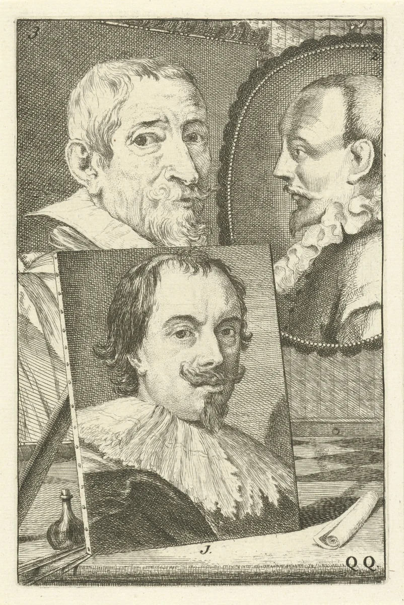 Portretten van Pieter Stevens, Jan Saenredam en Joos de Momper II by Jan l' Admiral, print, 1764