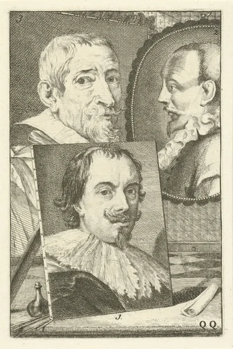 Portretten van Pieter Stevens, Jan Saenredam en Joos de Momper II by Jan l' Admiral, print, 1764