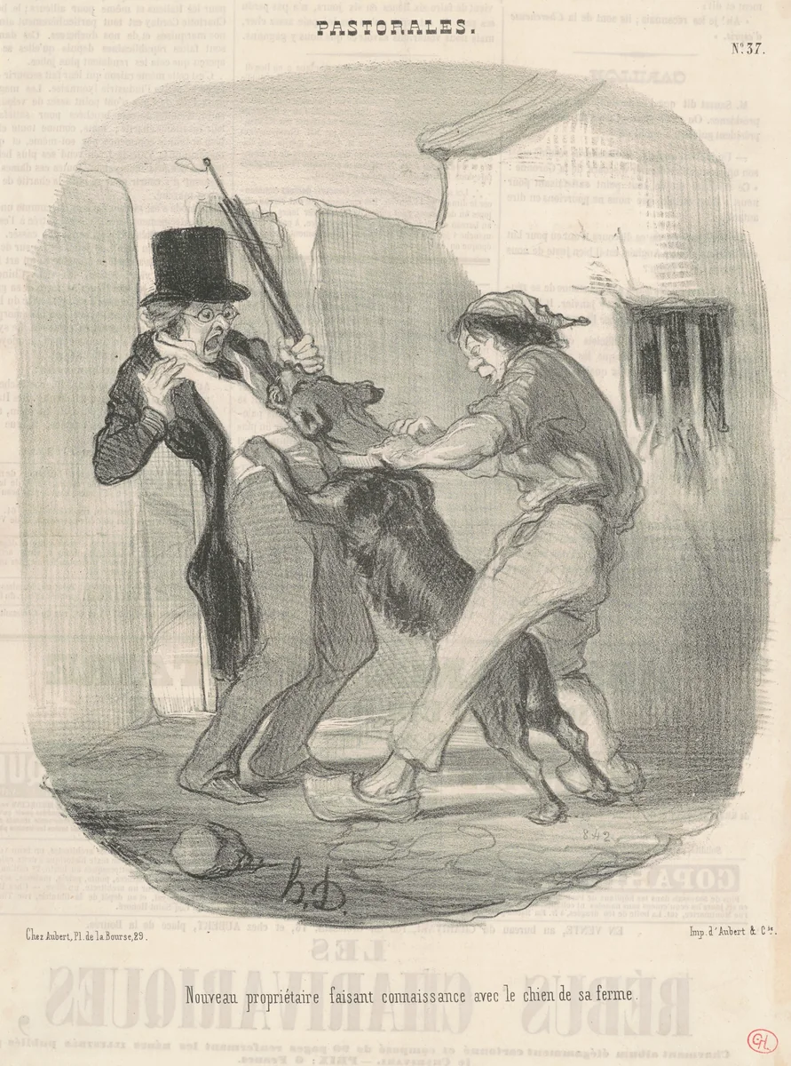 Nouveau propriètaire faisant connaissance avec le chien ... by Honoré Daumier, print, 1846