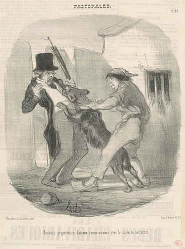 Nouveau propriètaire faisant connaissance avec le chien ... by Honoré Daumier, print, 1846