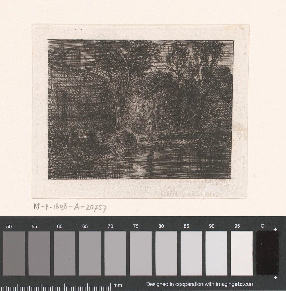 Figuur met fakkel in een rivierlandschap by Charles Emile Jacque, print, 1844