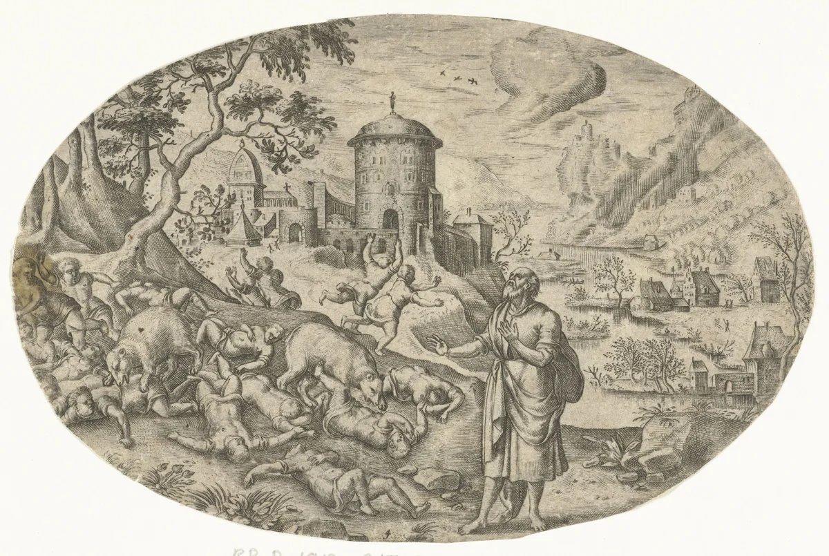 Elisa vervloekt de kinderen by Bartholomeus Willemsz. Dolendo, print, 1589-1626