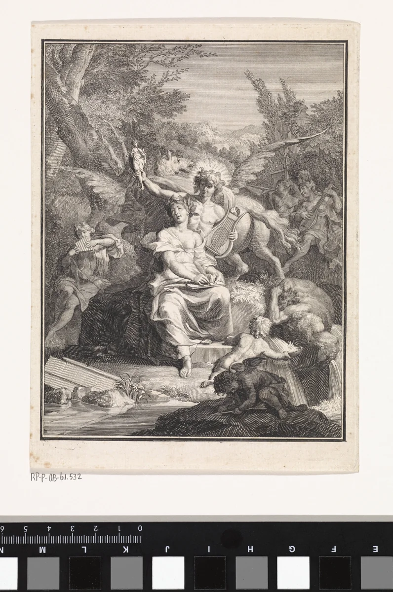 Poëzie en Apollo op de Parnassus by Jan Wandelaar, print, 1702-1759