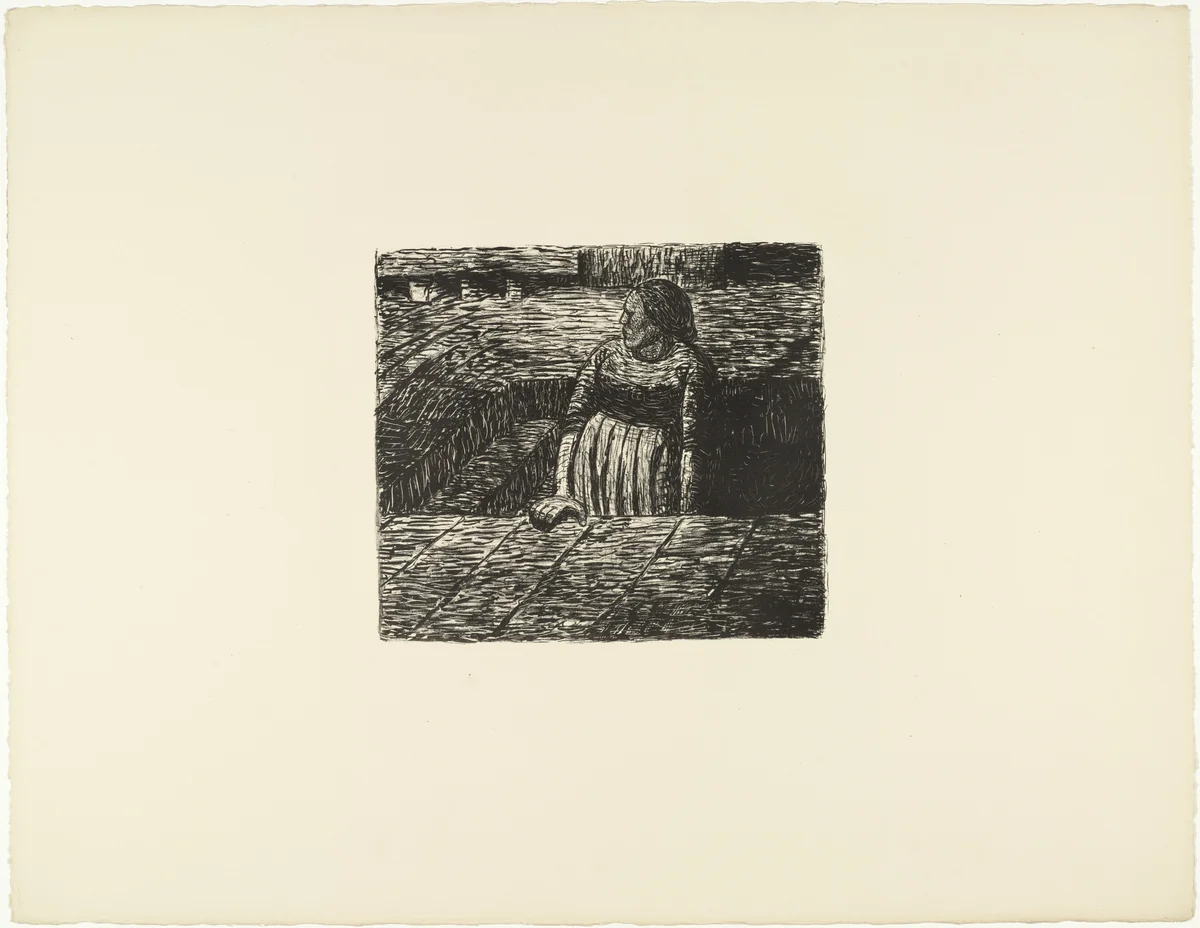 Woman Standing Halfway Up the Cellar Steps (Stehende Frau auf halber Kellertreppe) from The Dead Day (Der tote Tag) by Ernst Barlach, print, 1910