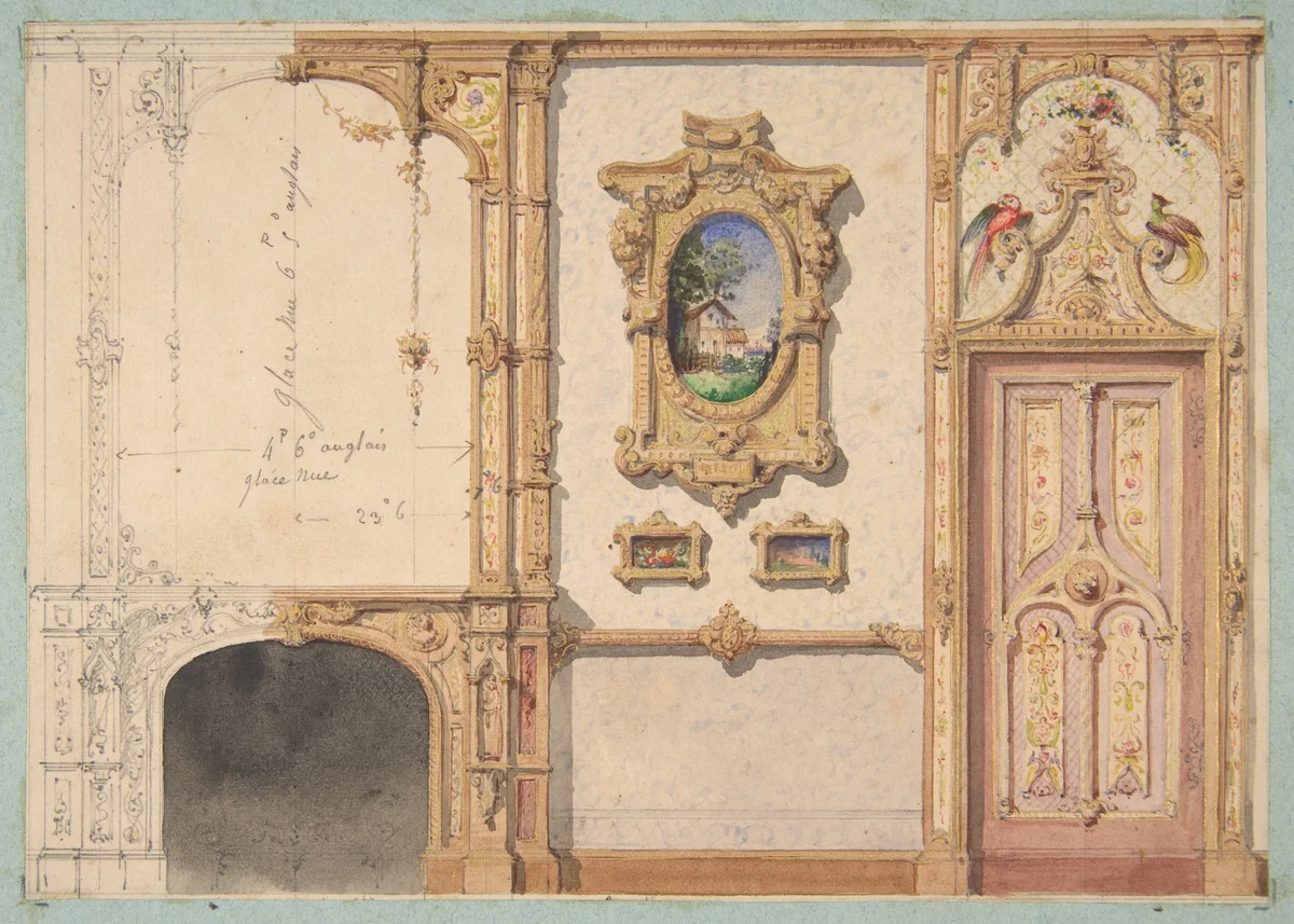 Design for the decoration of a wall punctuated by a fireplace and a door and hung with gold-framed pictures by Jules-Edmond-Charles Lachaise, drawing, 1830-1897
