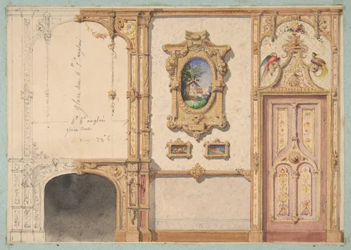 Design for the decoration of a wall punctuated by a fireplace and a door and hung with gold-framed pictures by Jules-Edmond-Charles Lachaise, drawing, 1830-1897